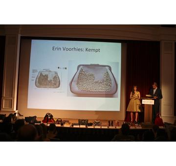 Finalist Erin Voorhies of Kempt with her sketch and finished created version with her prize as a finalist to create her bag with Swarovski Crystallizedtm Elements for free