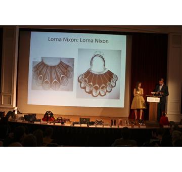 Finalist Lorna Nixon of Lorna Nixon with her sketch and finished created version with her prize as a finalist to create her bag with iSwarovskii Crystallizedtm Elements for free