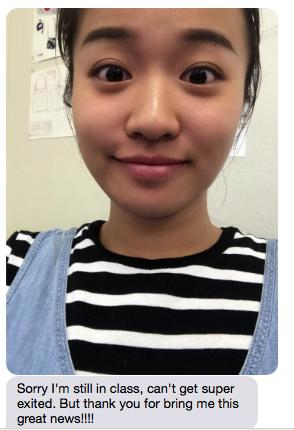Shuang Lin receives Finalist phone call 